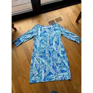 Lilly Pulitzer Sophie Dress Women’s Large Blue Tropical Print – 3/4 Sleeve Shift